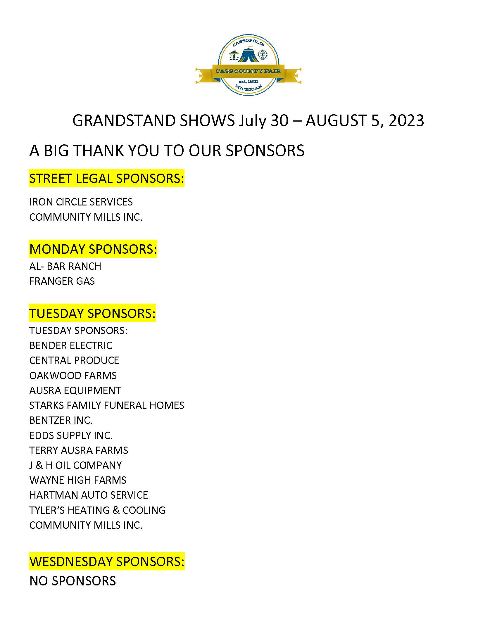 Grandstand Sponsors